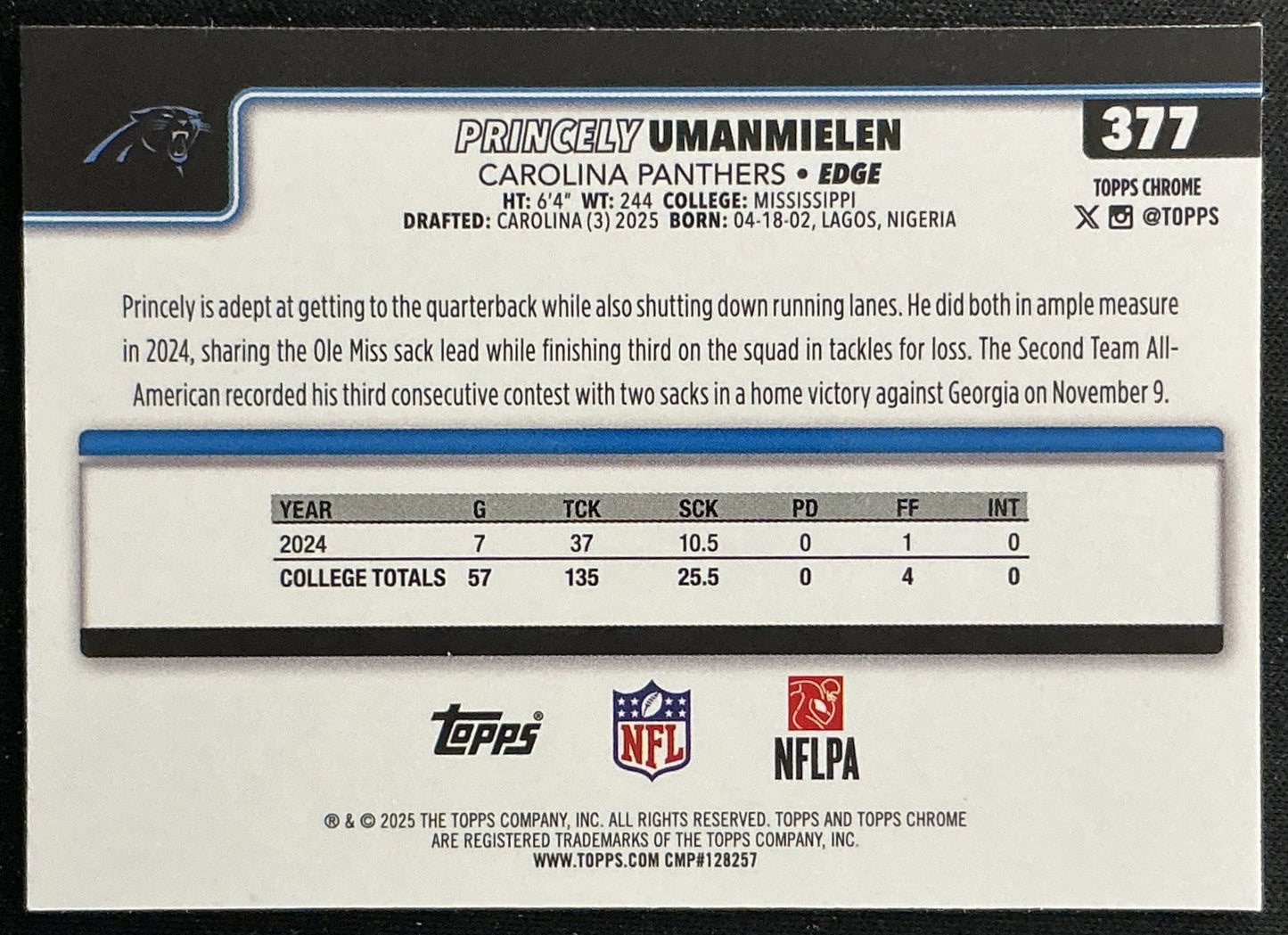Princely Umanmielen 2025 Topps Chrome Rookie Panthers Sports Trading Cards