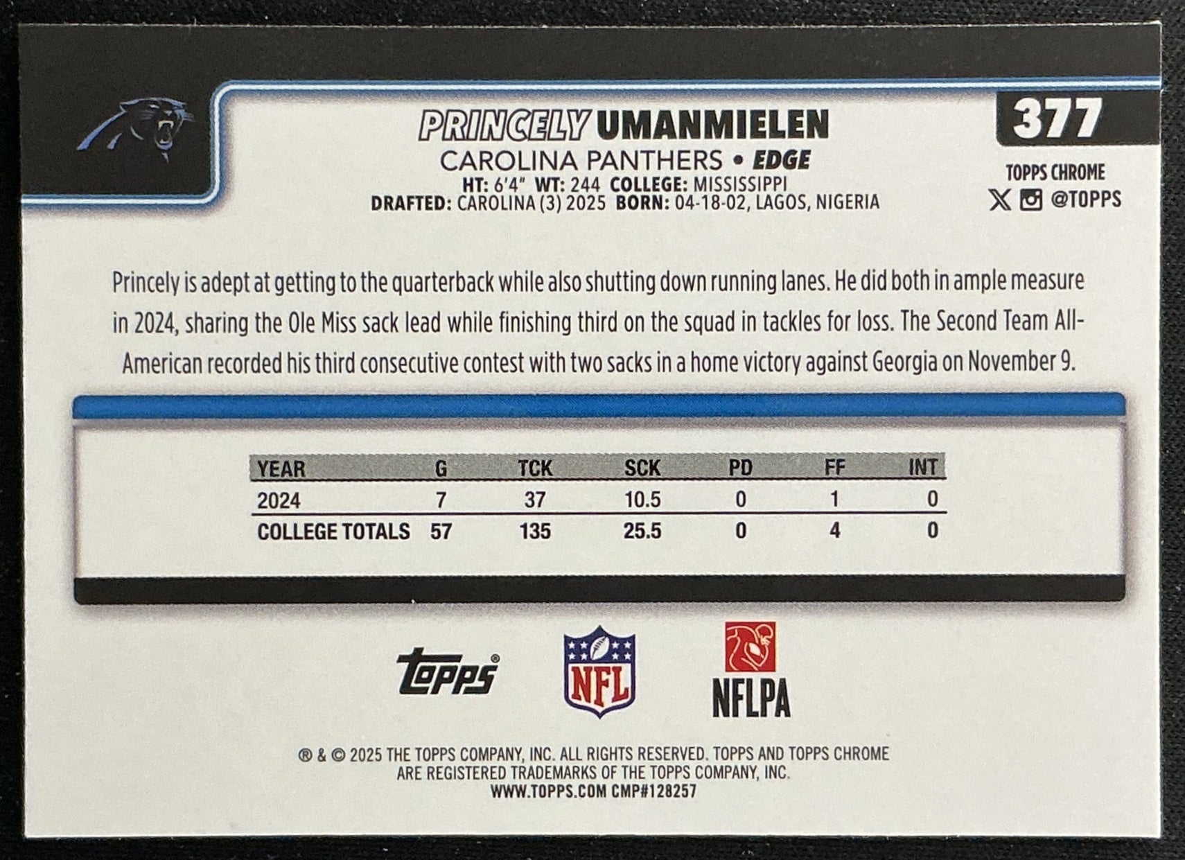 Princely Umanmielen 2025 Topps Chrome Rookie Panthers Sports Trading Cards