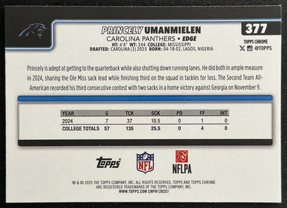 Princely Umanmielen 2025 Topps Chrome Rookie Panthers Sports Trading Cards