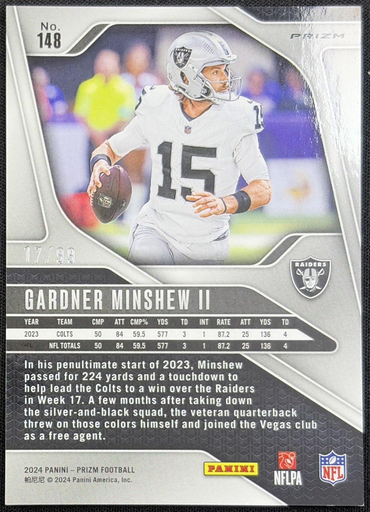 Gardner Minshew II 2024 Panini Prizm Blue Ice /99 Raiders back