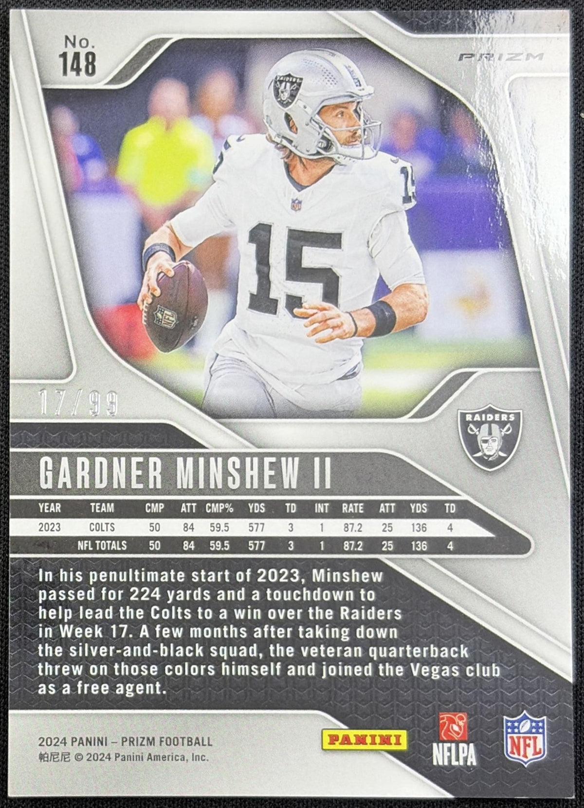 Gardner Minshew II 2024 Panini Prizm Blue Ice /99 Raiders back