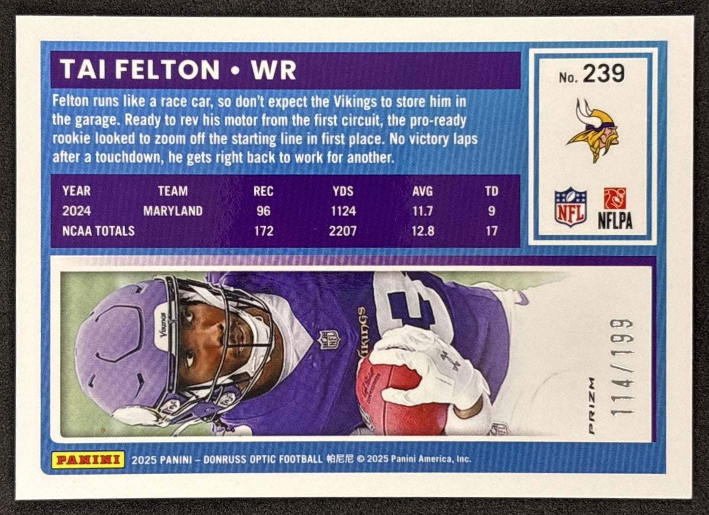 Tai Felton 2025 Panini Donruss Optic Rated Rookie Neon Green Prizm /199 Vikings back