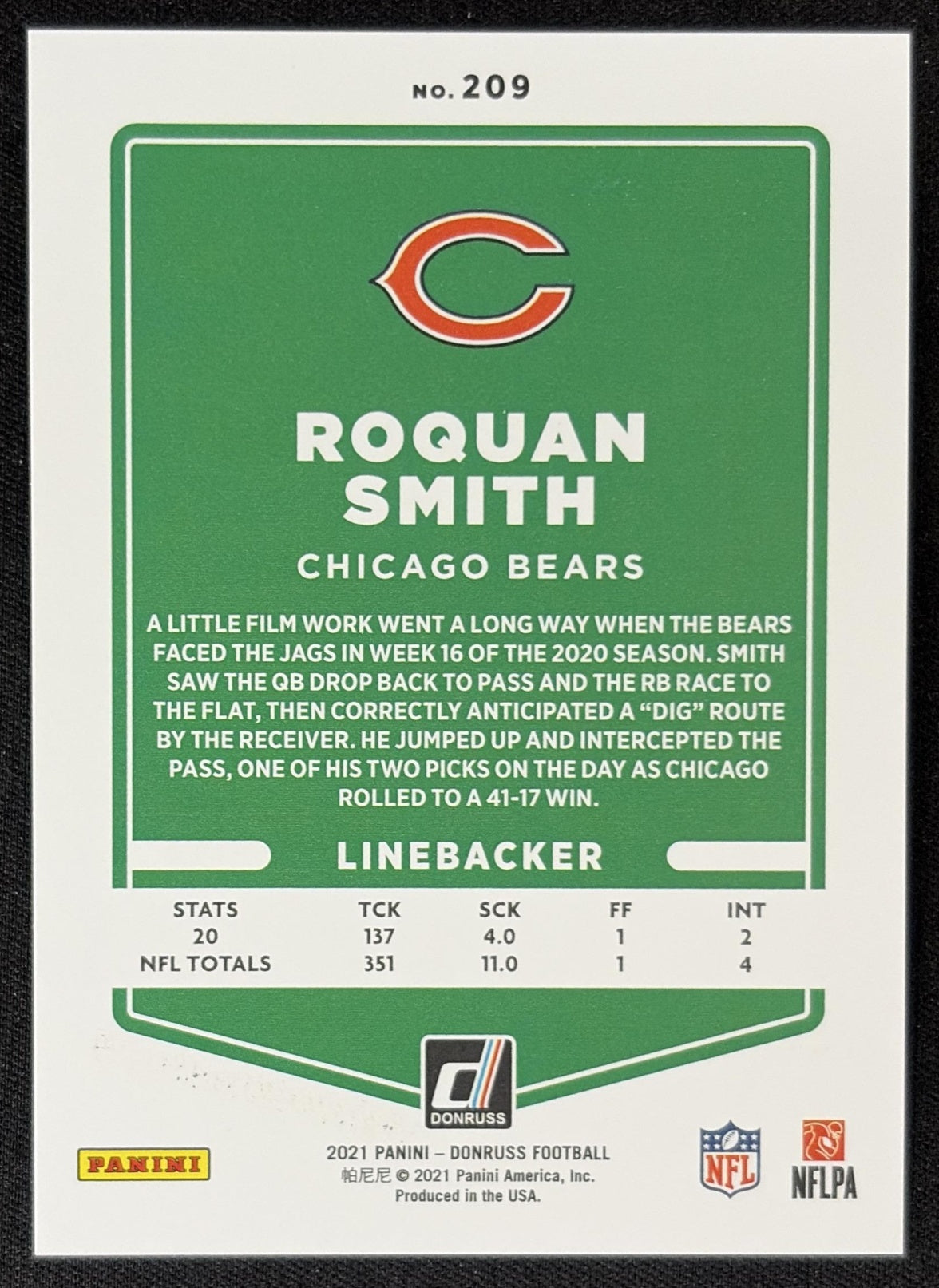 Roquan Smith 2021 Panini Donruss Press Proof Premium Bears - Chicago Bears