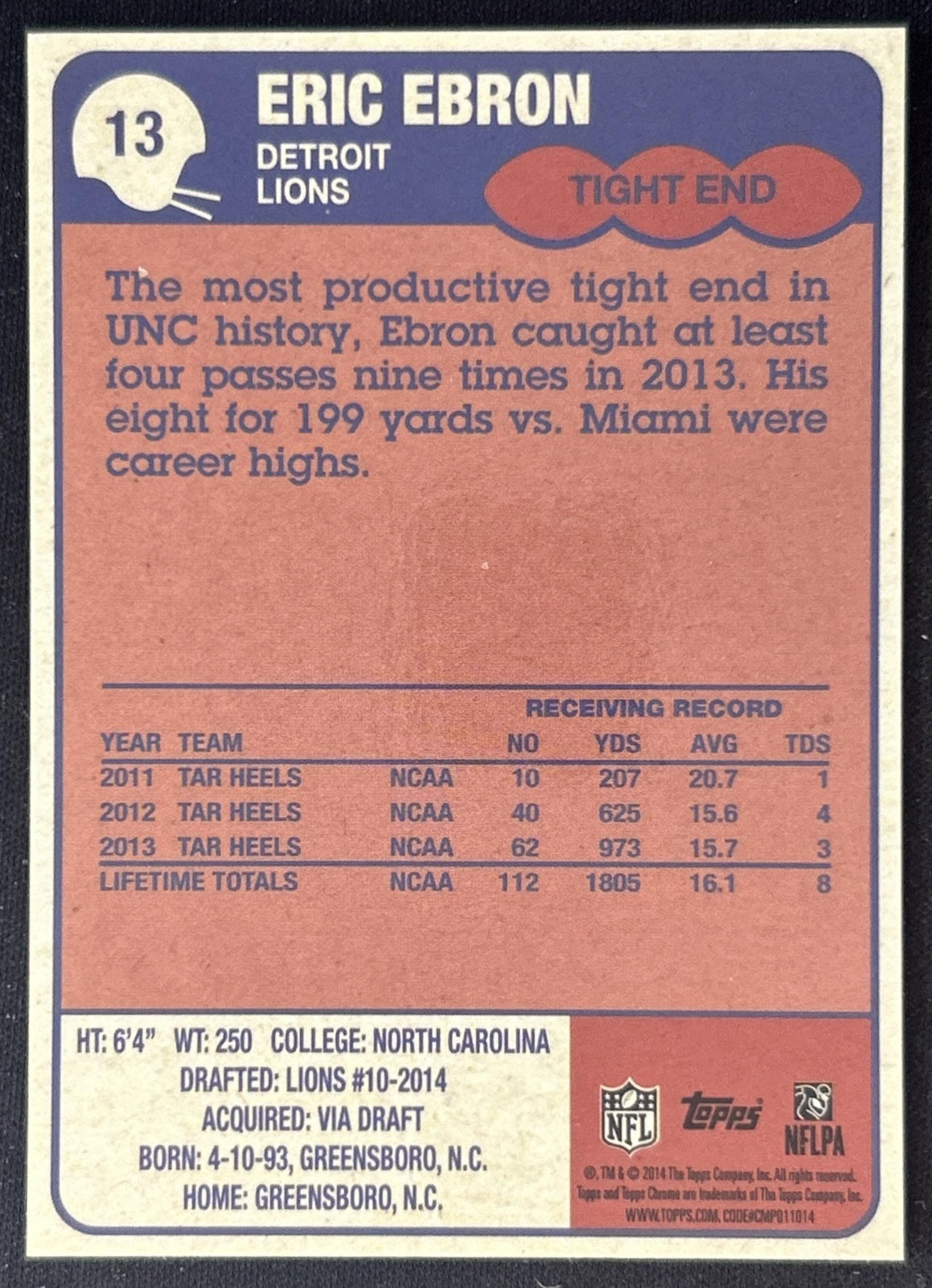 Eric Ebron 2014 Topps Chrome 1985 Refractor /99 Lions back