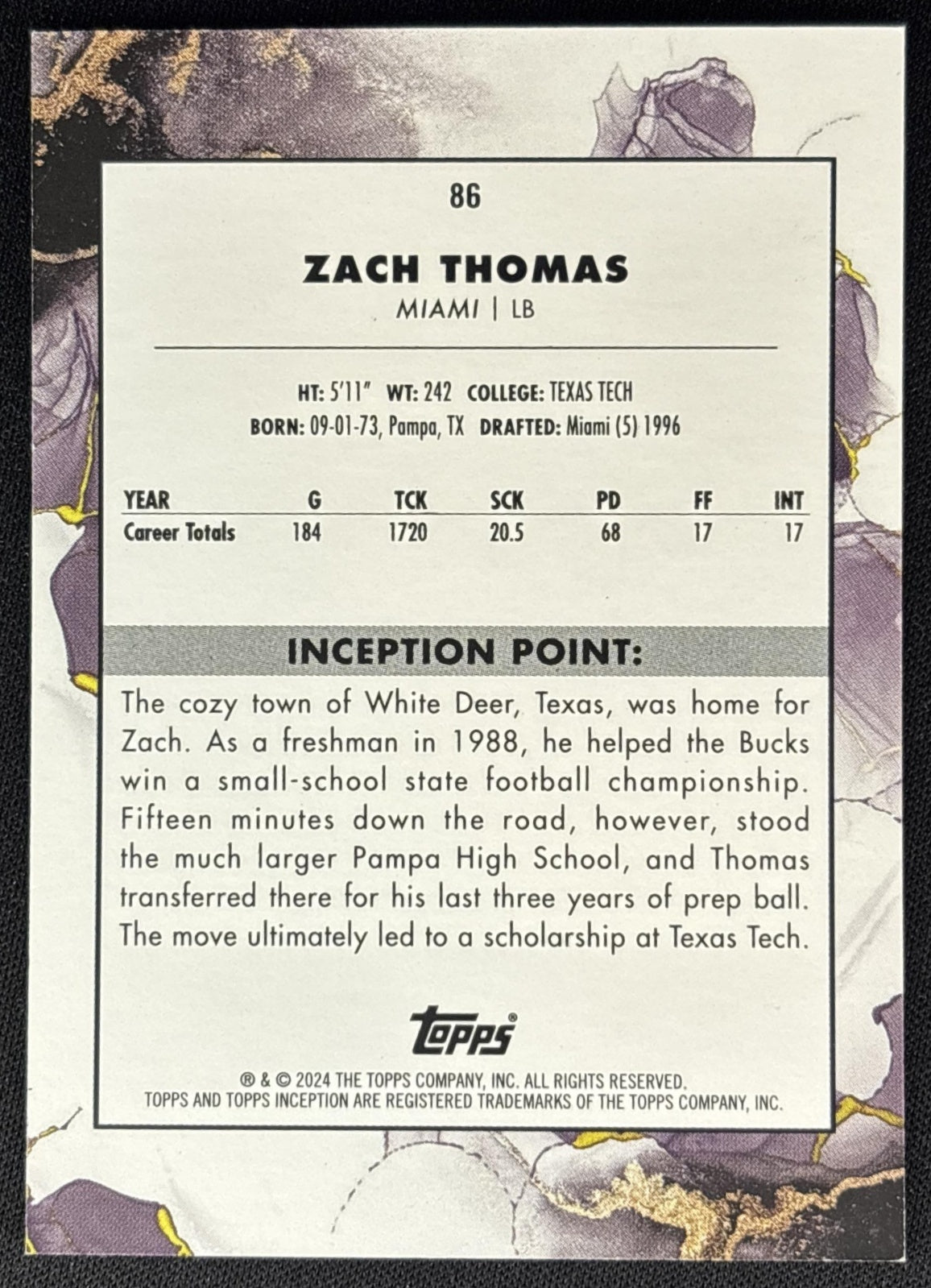 Zach Thomas 2024 Topps Inception Red /75 Dolphins back