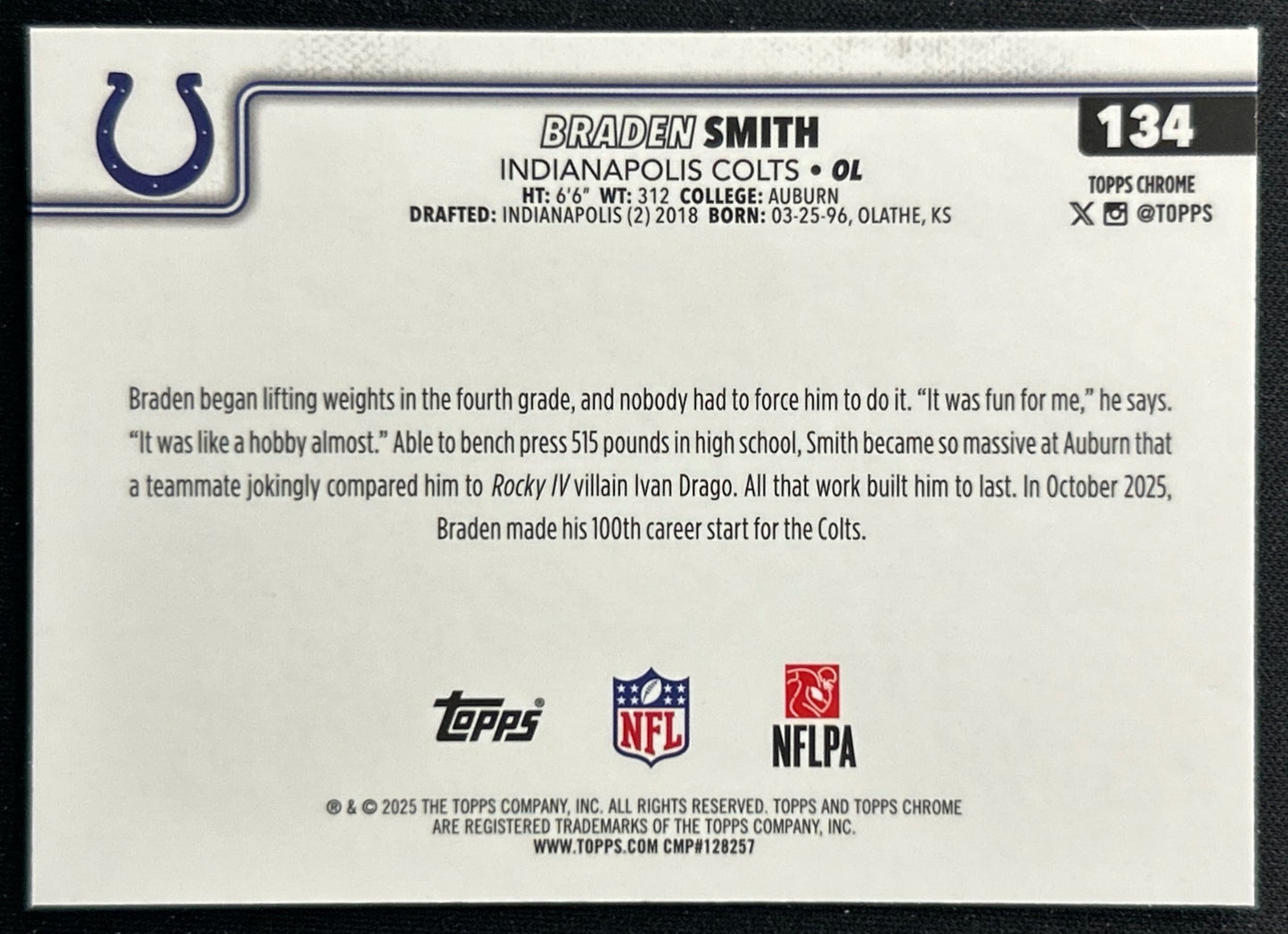 Braden Smith 2025 Topps Chrome Colts Sports Trading Cards