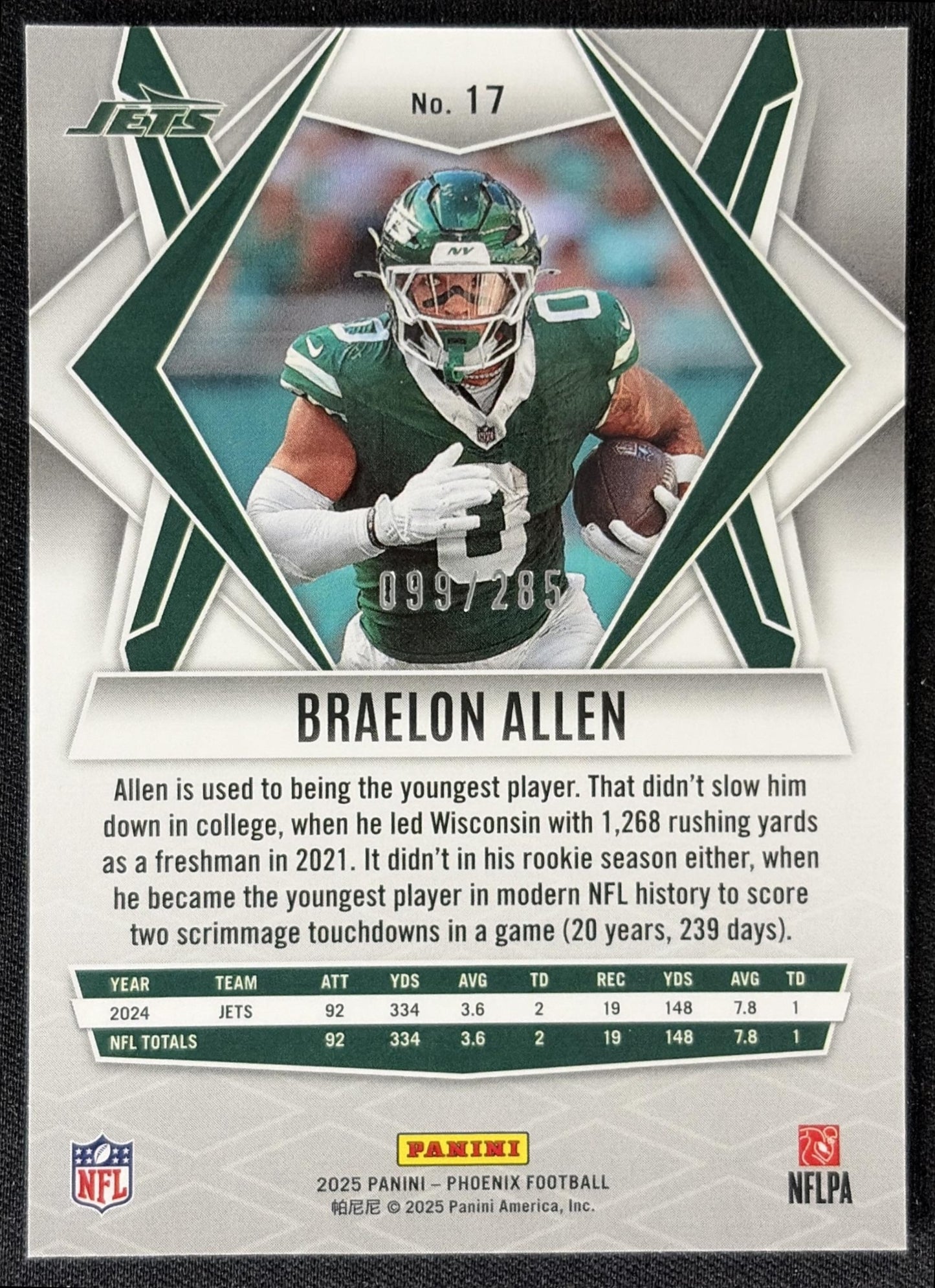 Braelon Allen 2025 Panini Phoenix Lime Green Pyramids Prizm /285 Jets