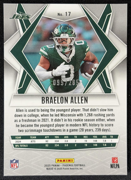 Braelon Allen 2025 Panini Phoenix Lime Green Pyramids Prizm /285 Jets