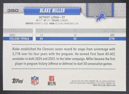 Blake Miller 2026 Topps Diamante Foil Lions Sports Trading Card