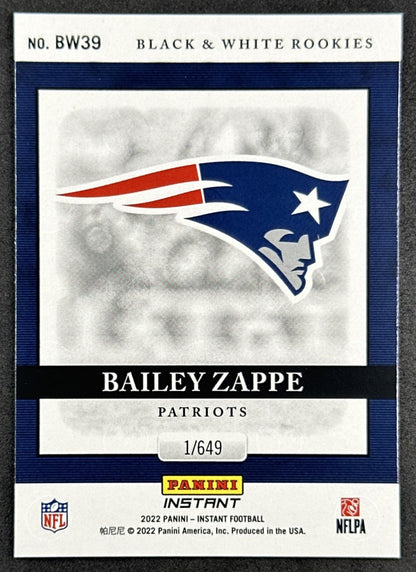 Bailey Zappe 2022 Panini Instant Black & White Rookie /649 Patriots Jets back sports trading card