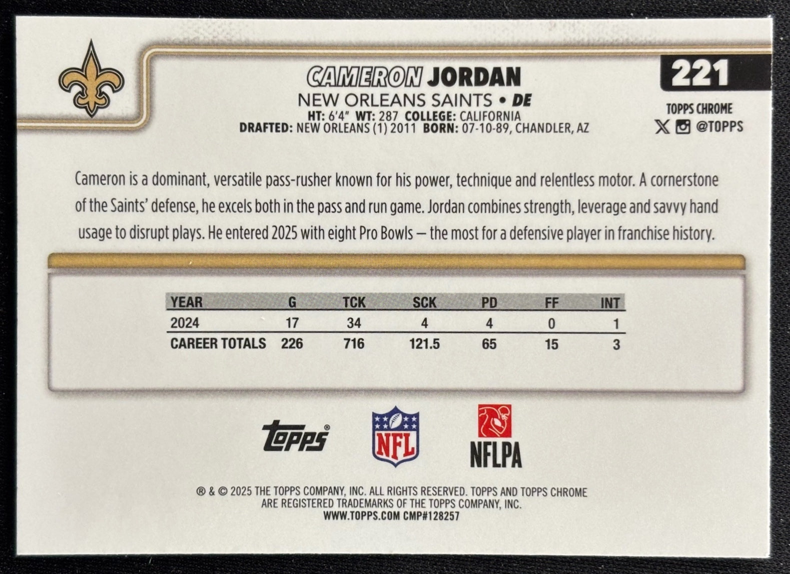 Cameron Jordan 2025 Topps Chrome X-Fractor Saints Sports Trading Card