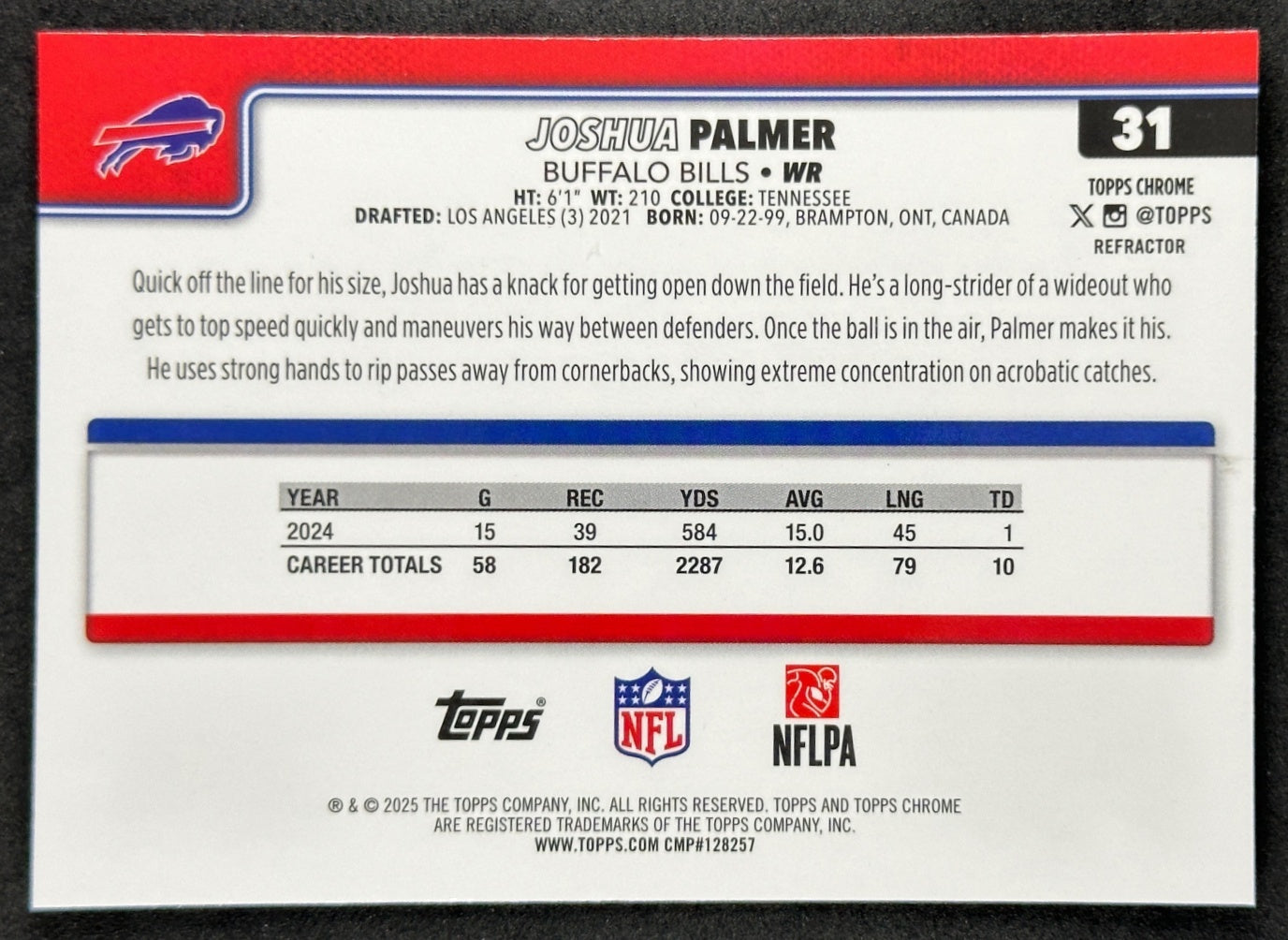 Joshua Palmer 2025 Topps Chrome Refractor Bills Sports Trading Cards