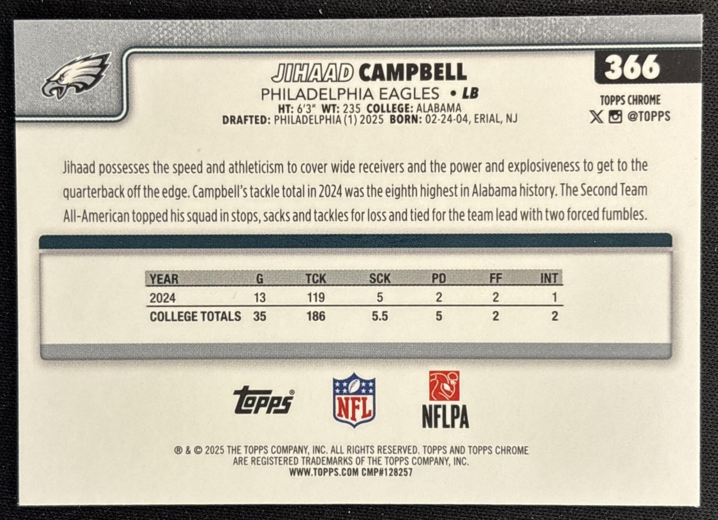 Jihaad Campbell 2025 Topps Chrome Rookie Neon Pulse Refractor Eagles Sports Trading Card