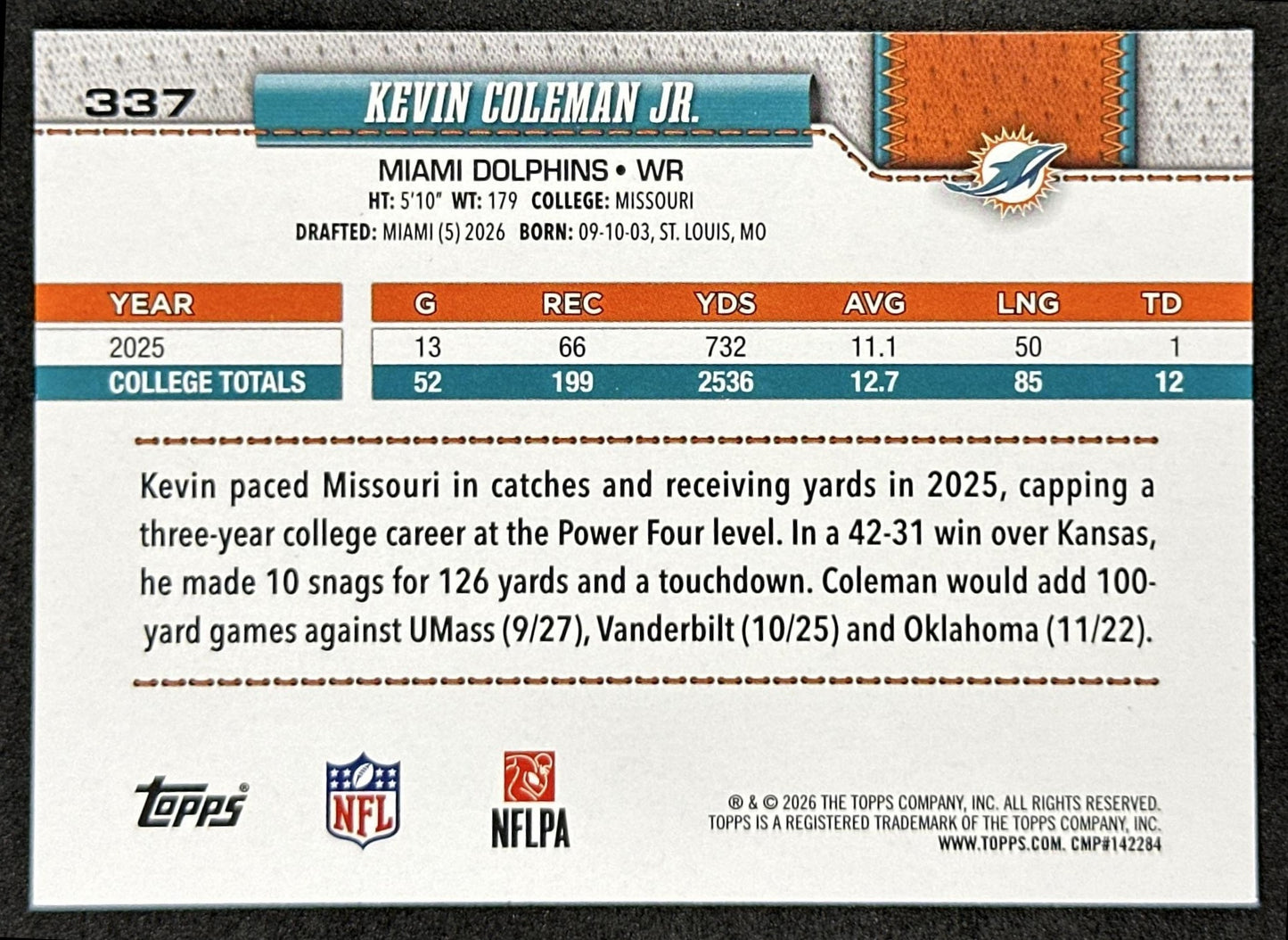 Kevin Coleman Jr. 2026 Topps Flagship Rookie Dolphins Sports Trading Cards