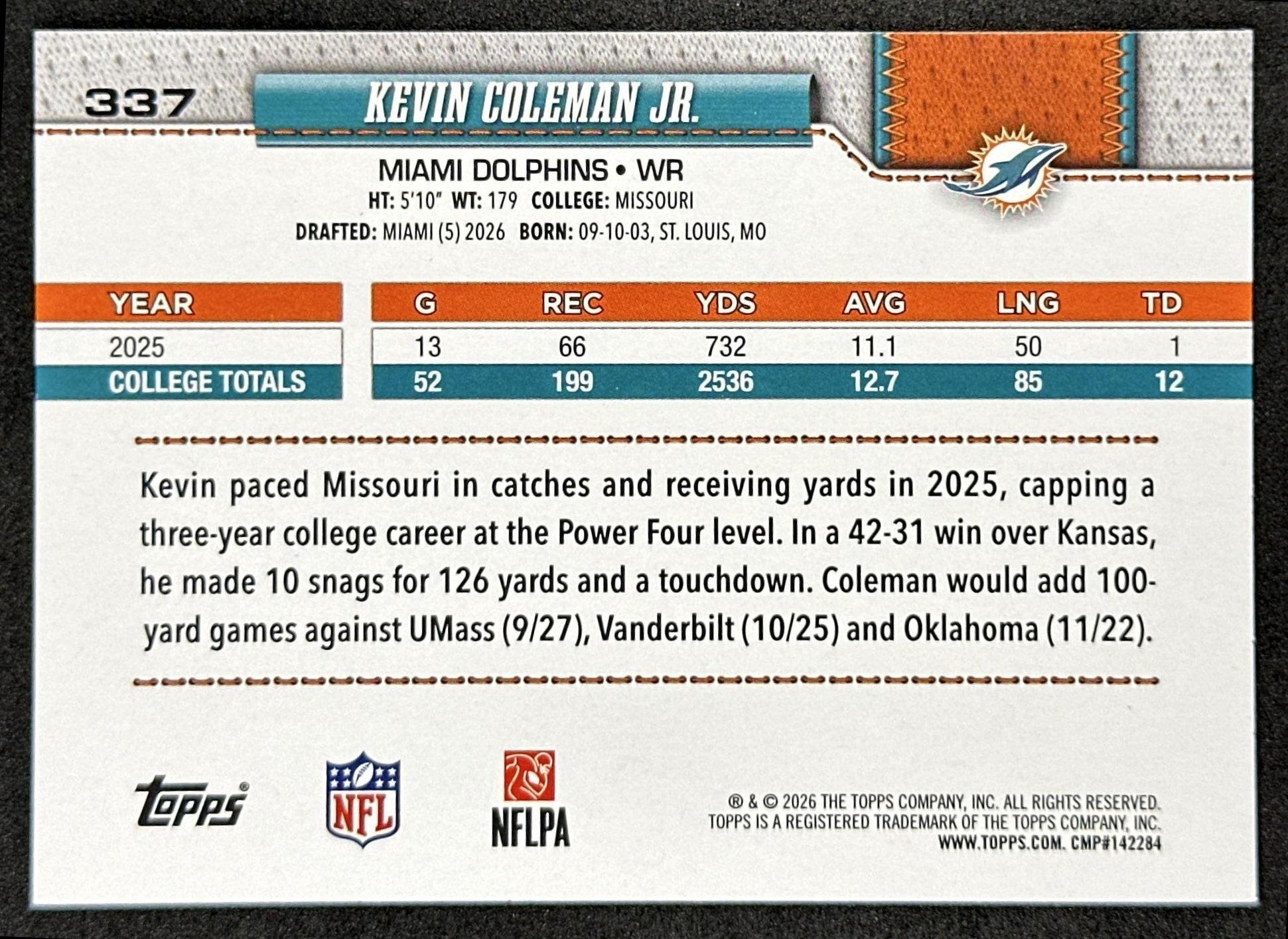 Kevin Coleman Jr. 2026 Topps Flagship Rookie Dolphins Sports Trading Cards