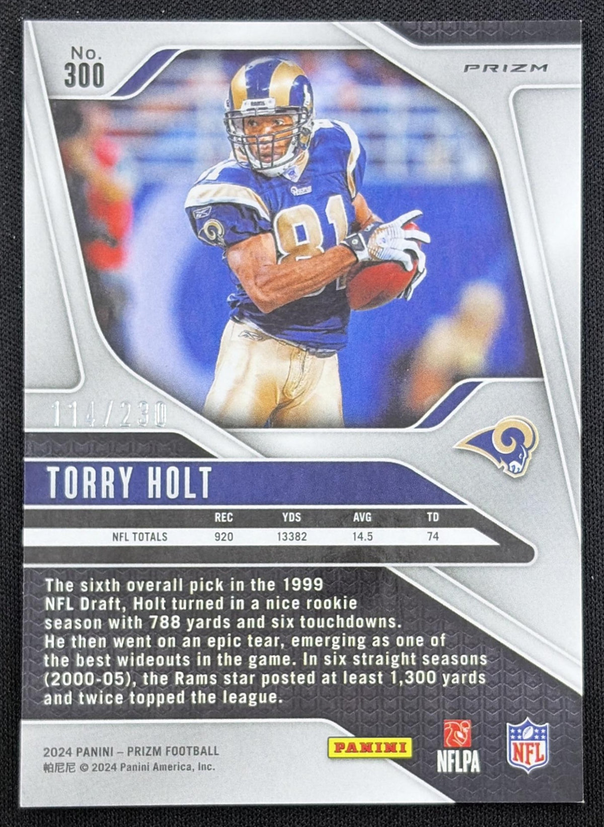 Torry Holt 2024 Panini Prizm Blue Wave /230 Rams back