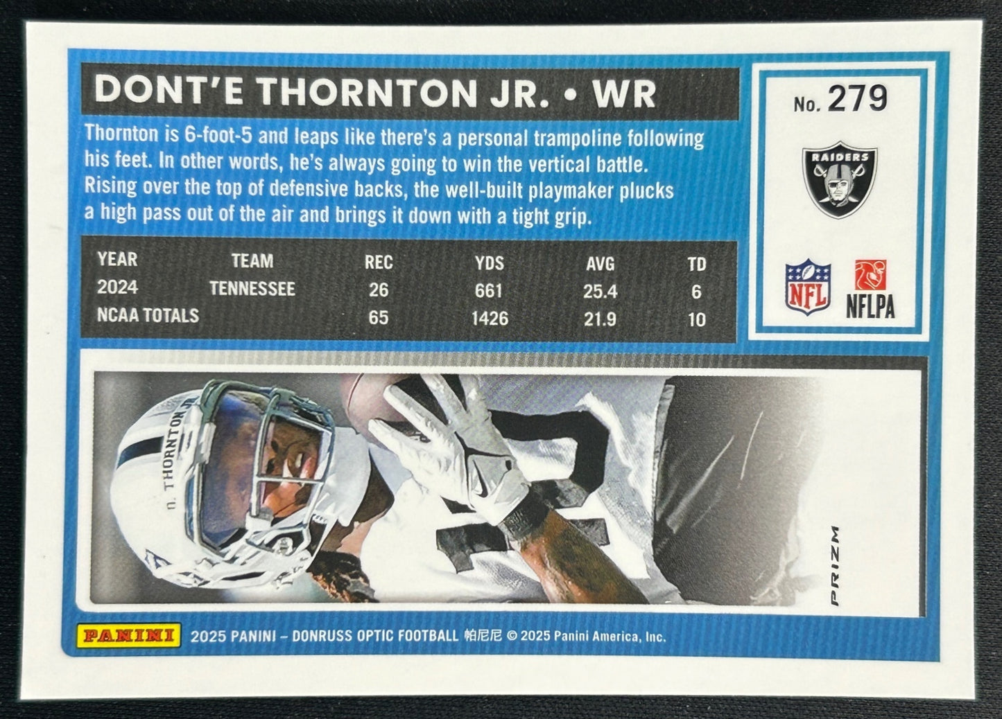 Dont'e Thornton Jr. 2025 Donruss Optic Rated Rookie Purple Shock Prizm Raiders Sports Trading Card
