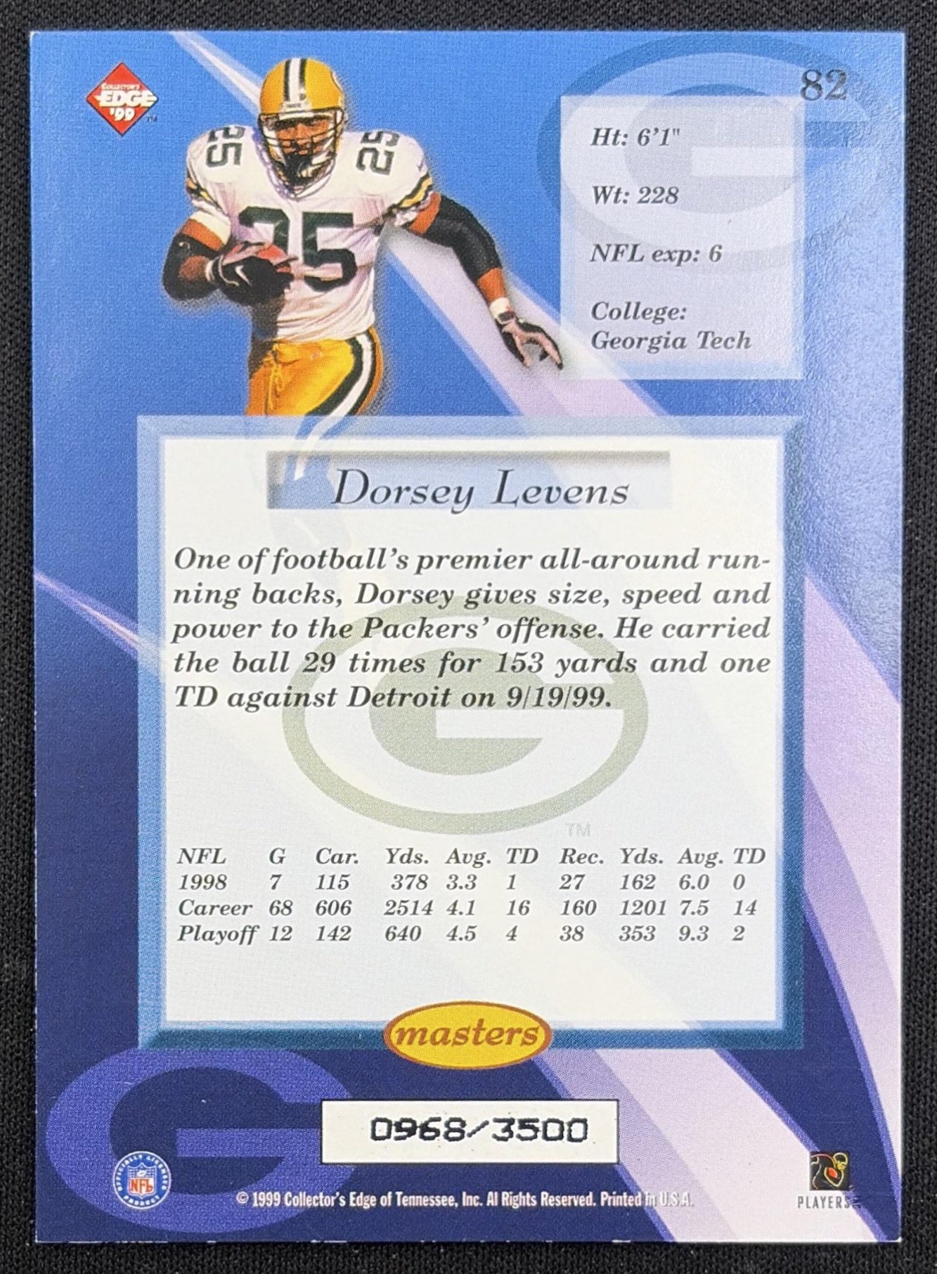 Dorsey Levens 1999 Collector's Edge Masters HoloSilver /3500 Packers