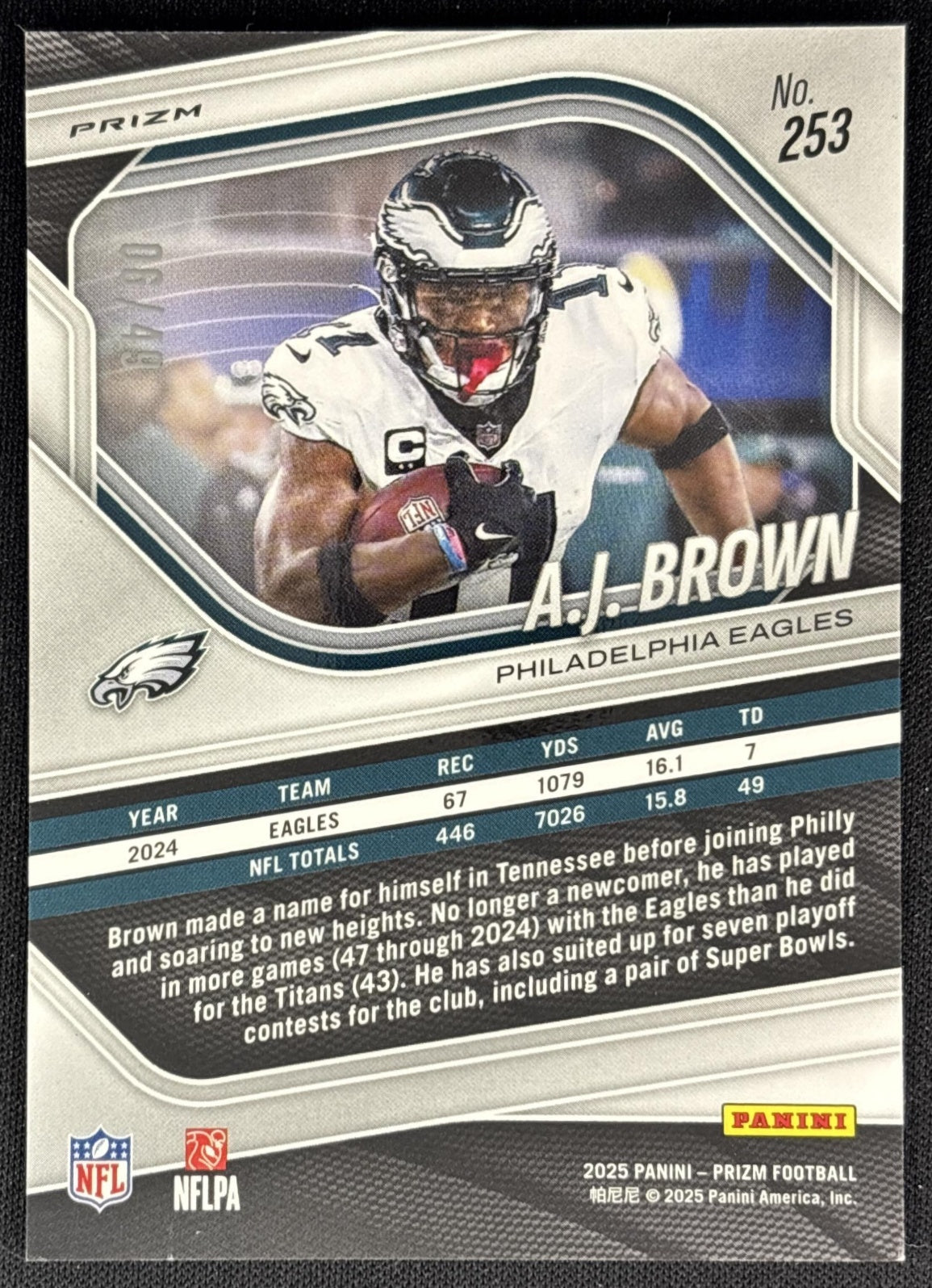 A.J. Brown 2025 Panini Prizm Purple Power /49 Eagles Sports Trading Cards