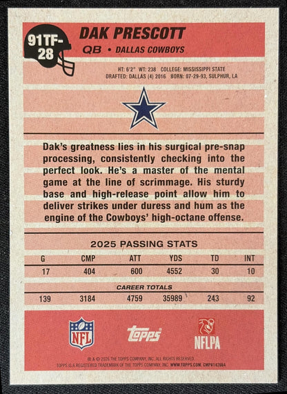 Dak Prescott 2026 Topps 1991 Cowboys back