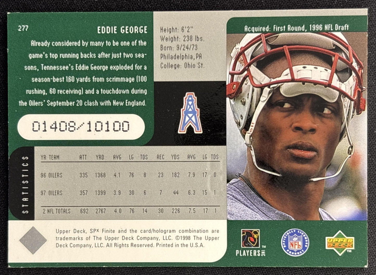 Eddie George 1998 SPx Finite /10100 back