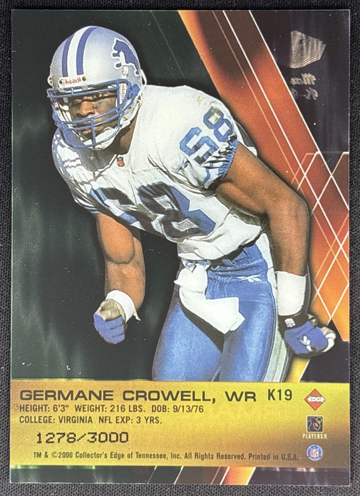 Germane Crowell 2000 Collector's Edge Masters K Klub /3000 Lions back
