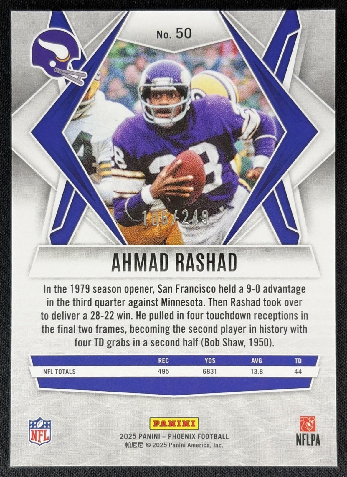 Ahmad Rashad 2025 Panini Phoenix Purple Winter Prizm /249 Vikings Sports Trading Cards