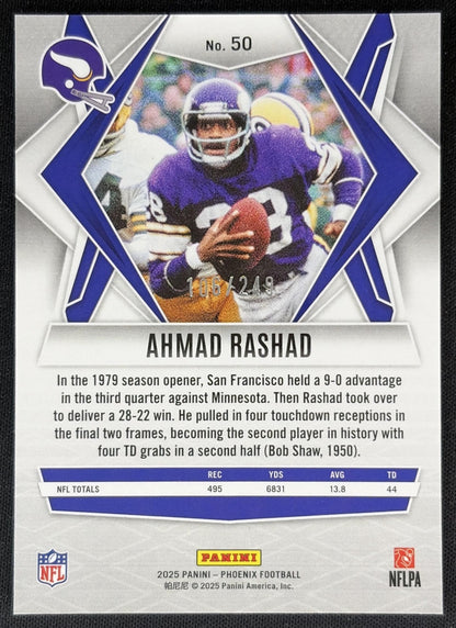 Ahmad Rashad 2025 Panini Phoenix Purple Winter Prizm /249 Vikings Sports Trading Cards