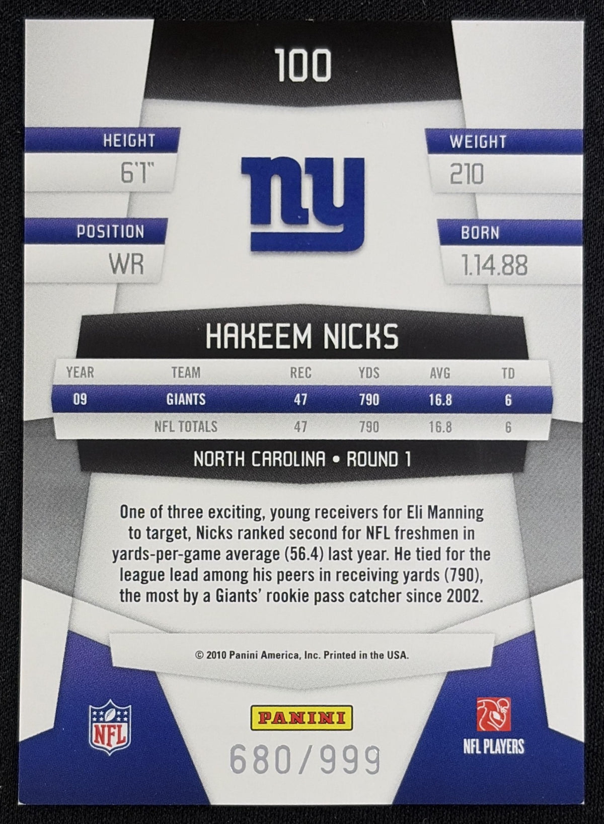 Hakeem Nicks 2010 Panini Certified Platinum Red /999 Giants