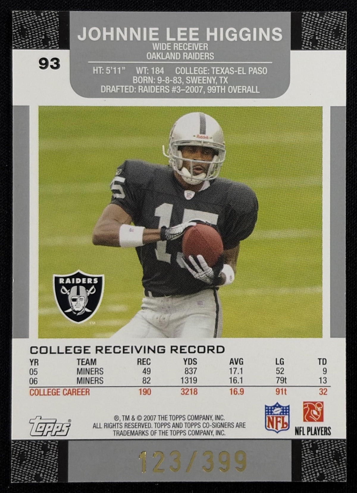 Johnnie Lee Higgins 2007 Topps Co-Signers /249 Raiders Sports Trading Card
