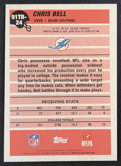 Chris Bell 2026 Topps 1991 Rookie Crackle Foil Dolphins back