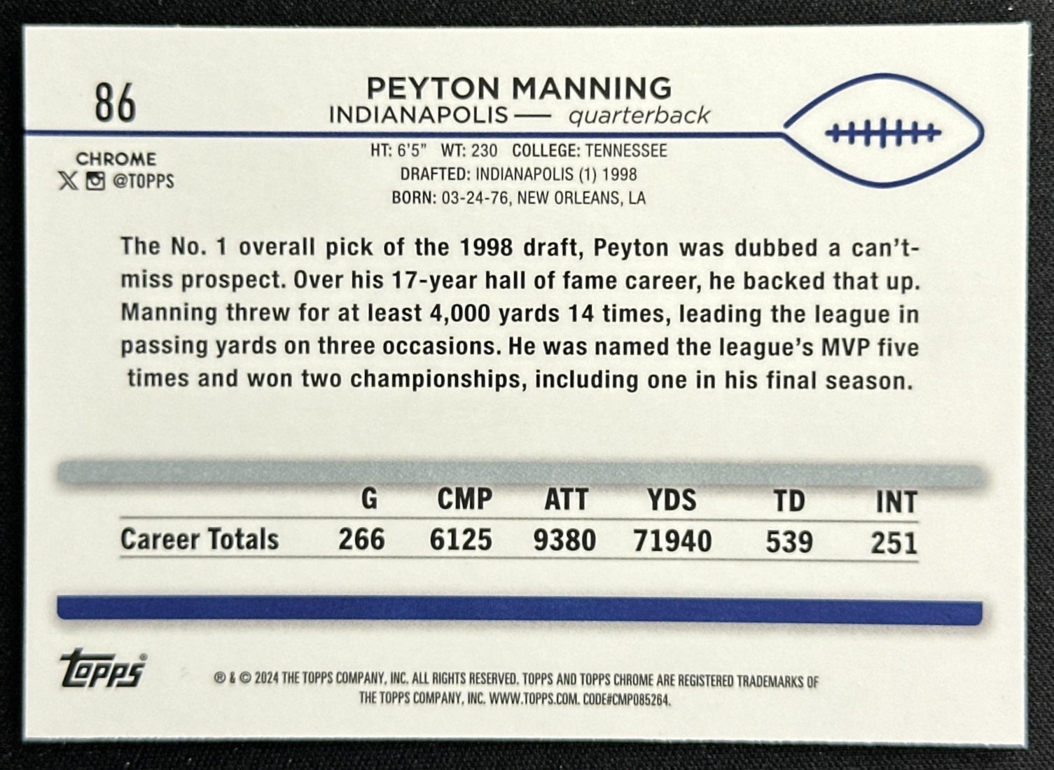 Peyton Manning 2024 Topps Chrome Teal Refractor /250 Colts