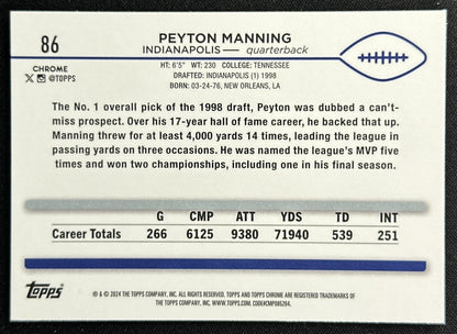 Peyton Manning 2024 Topps Chrome Teal Refractor /250 Colts
