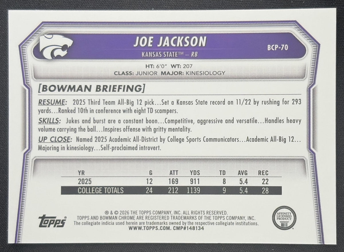 Joe Jackson 2026 Bowman Chrome Prospects Mojo Refractor Wildcats Sports Trading Card