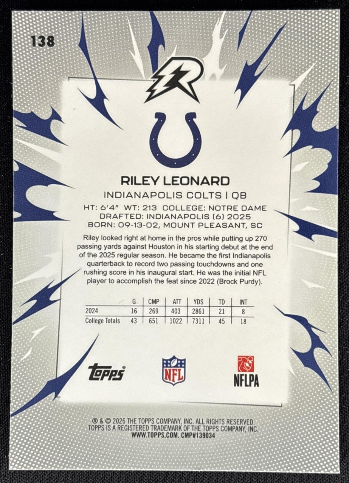 Riley Leonard 2025 Topps Resurgence Colts back