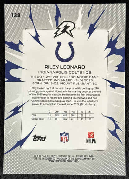 Riley Leonard 2025 Topps Resurgence Colts back
