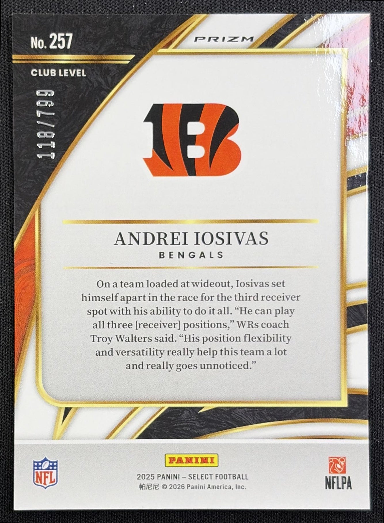 Andrei Iosivas 2025 Panini Select Club Level White Prizm Shock /799 Bengals back