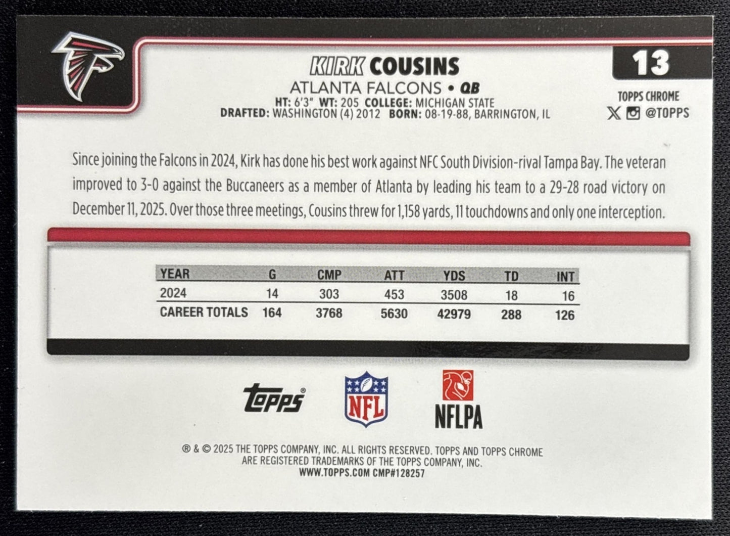 Kirk Cousins 2025 Topps Chrome Neon Pulse Refractor Falcons back