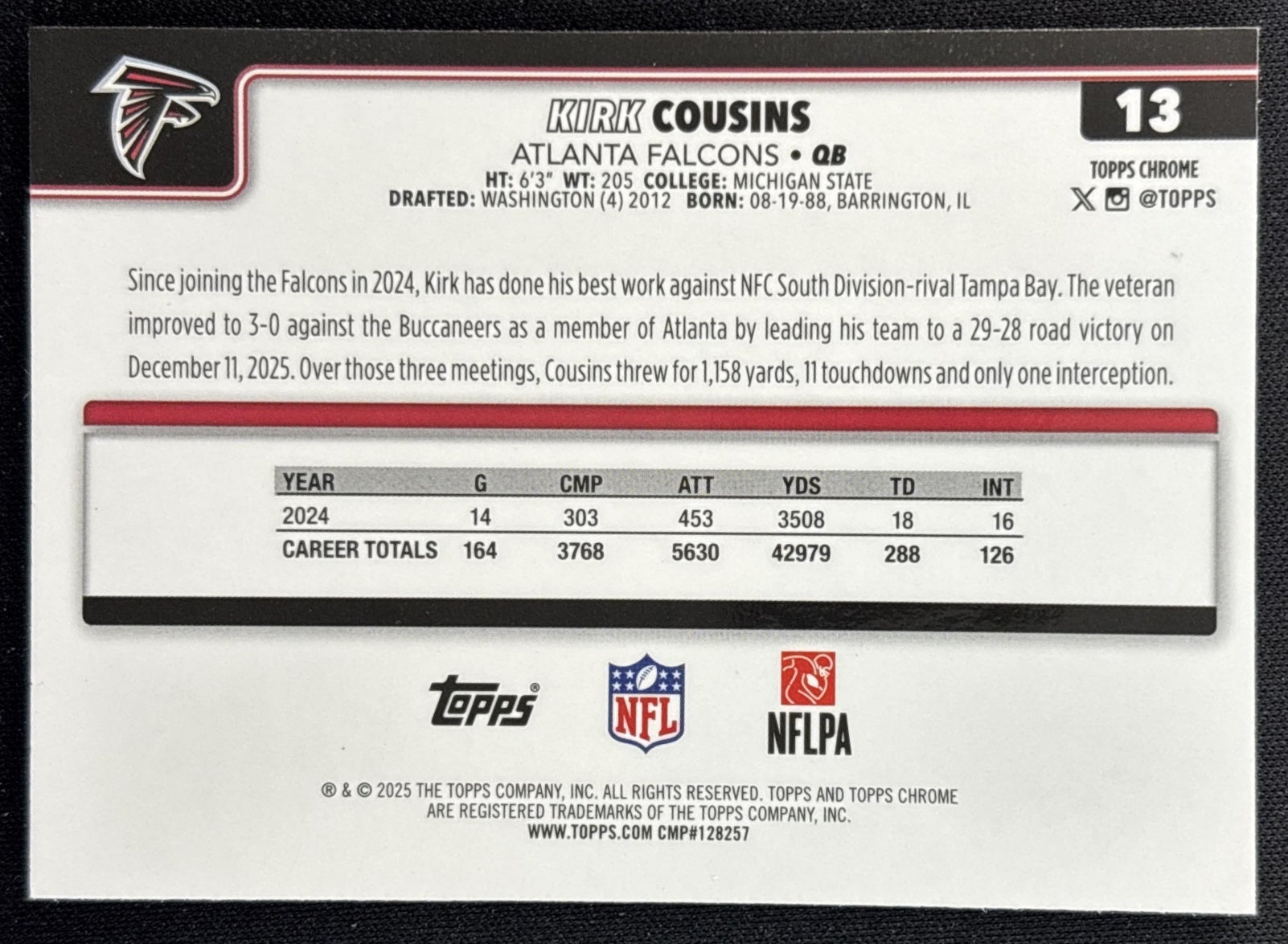 Kirk Cousins 2025 Topps Chrome Neon Pulse Refractor Falcons back