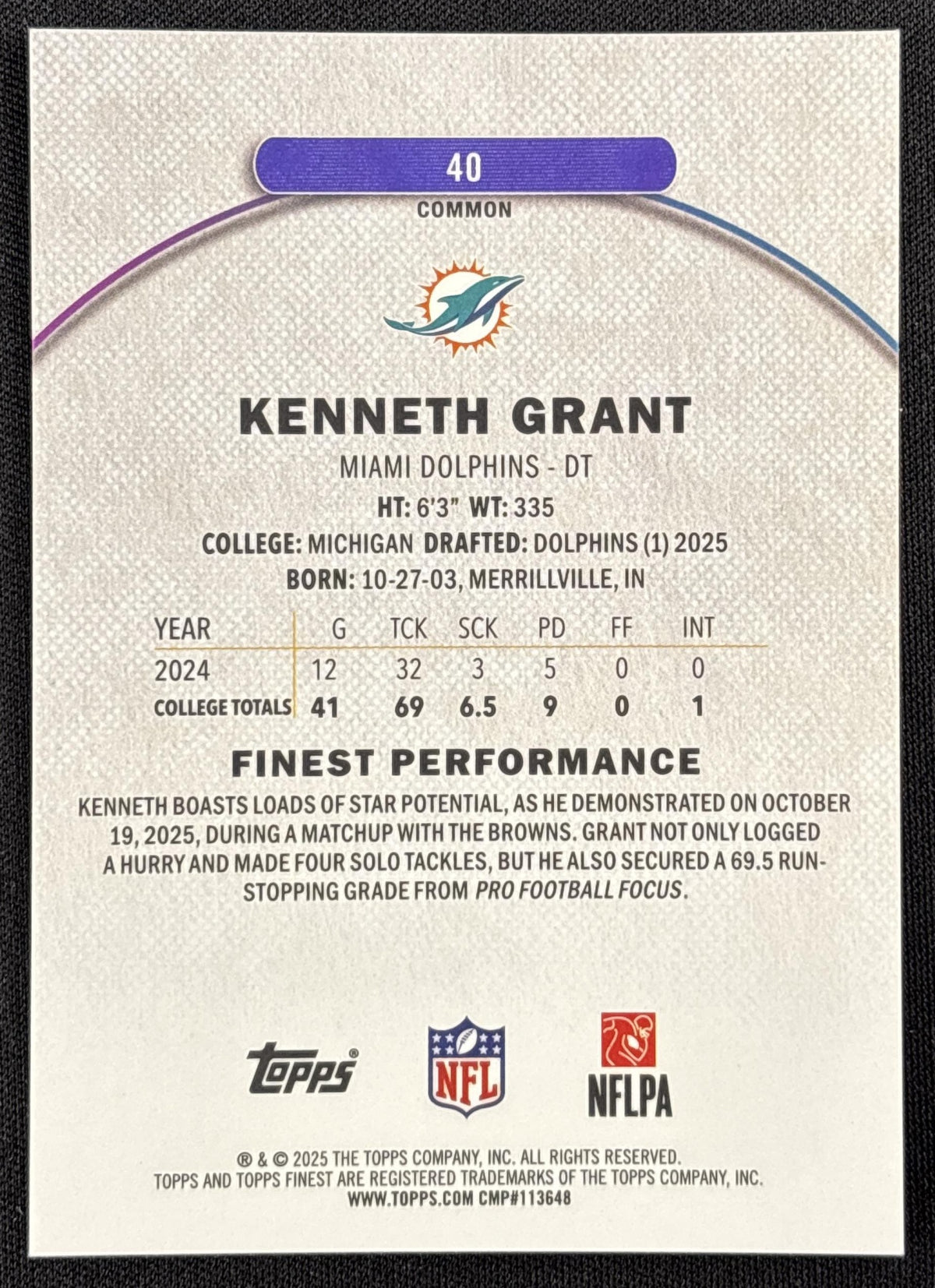 Kenneth Grant 2025 Topps Finest Sky Blue Refractor /325 Dolphins