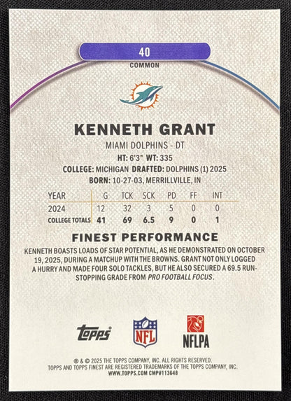 Kenneth Grant 2025 Topps Finest Sky Blue Refractor /325 Dolphins