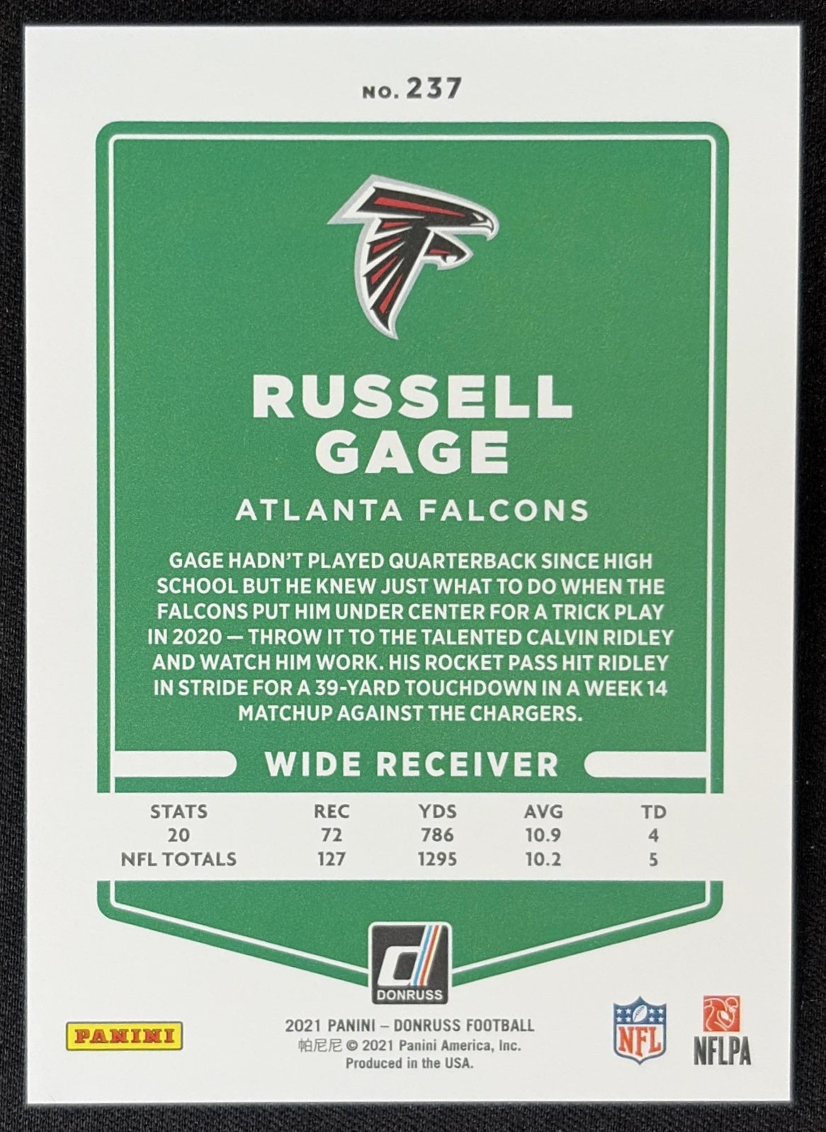 Russell Gage 2021 Panini Donruss Press Proof Premium Falcons Sports Trading Card