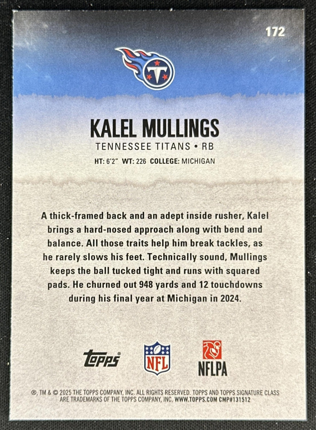 Kalel Mullings 2025 Topps Signature Class Rookie Red & Black Foil Titans back