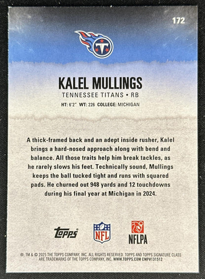 Kalel Mullings 2025 Topps Signature Class Rookie Red & Black Foil Titans back