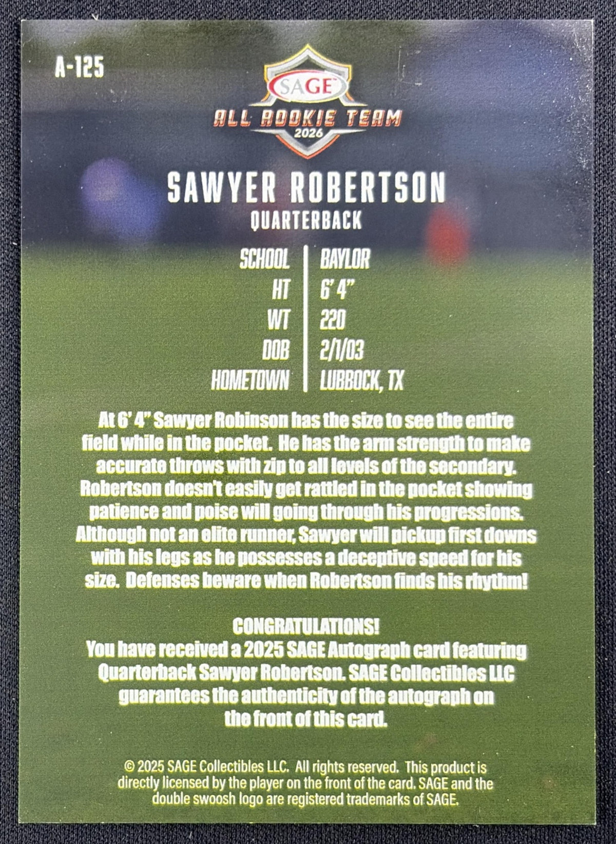 Sawyer Robertson 2026 SAGE All Rookie Team