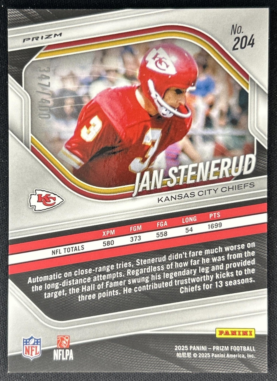Jan Stenerud 2025 Panini Prizm Pandora /400 Chiefs
