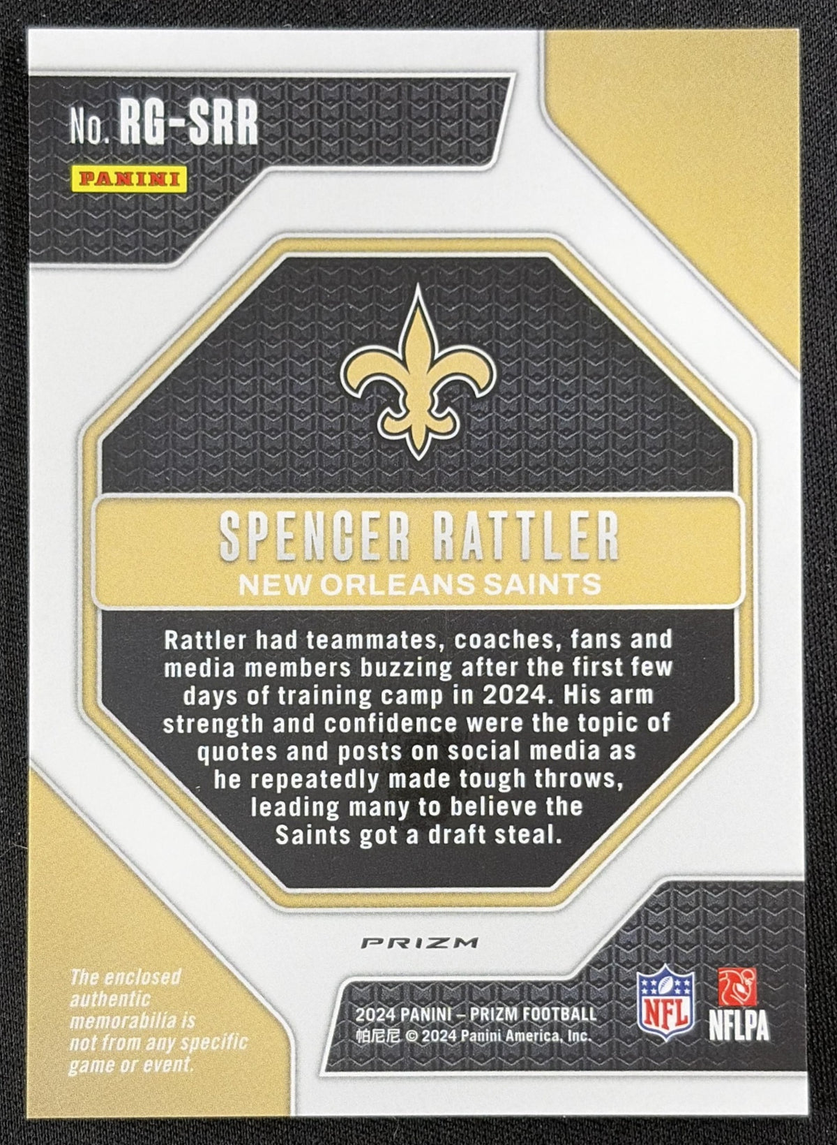 Spencer Rattler 2024 Panini Prizm Rookie Gear Neon Green Pulsar Saints