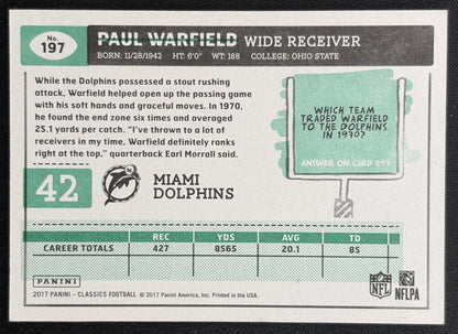 Paul Warfield 2017 Panini Classics Timeless Tributes Orange /25 Dolphins back