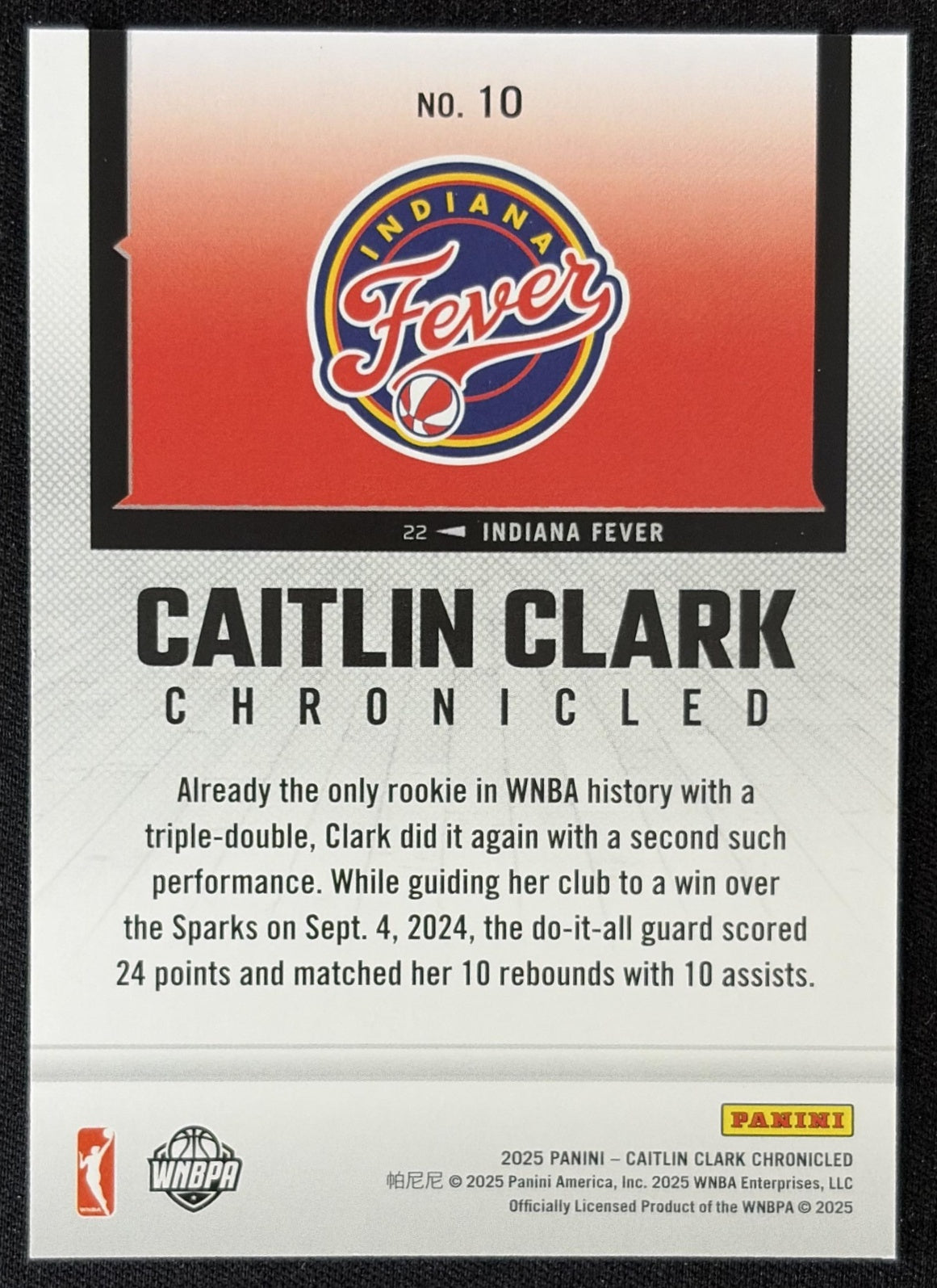 Caitlin Clark 2025 Panini Chronicled WNBA Fever 10 Sports Trading Card