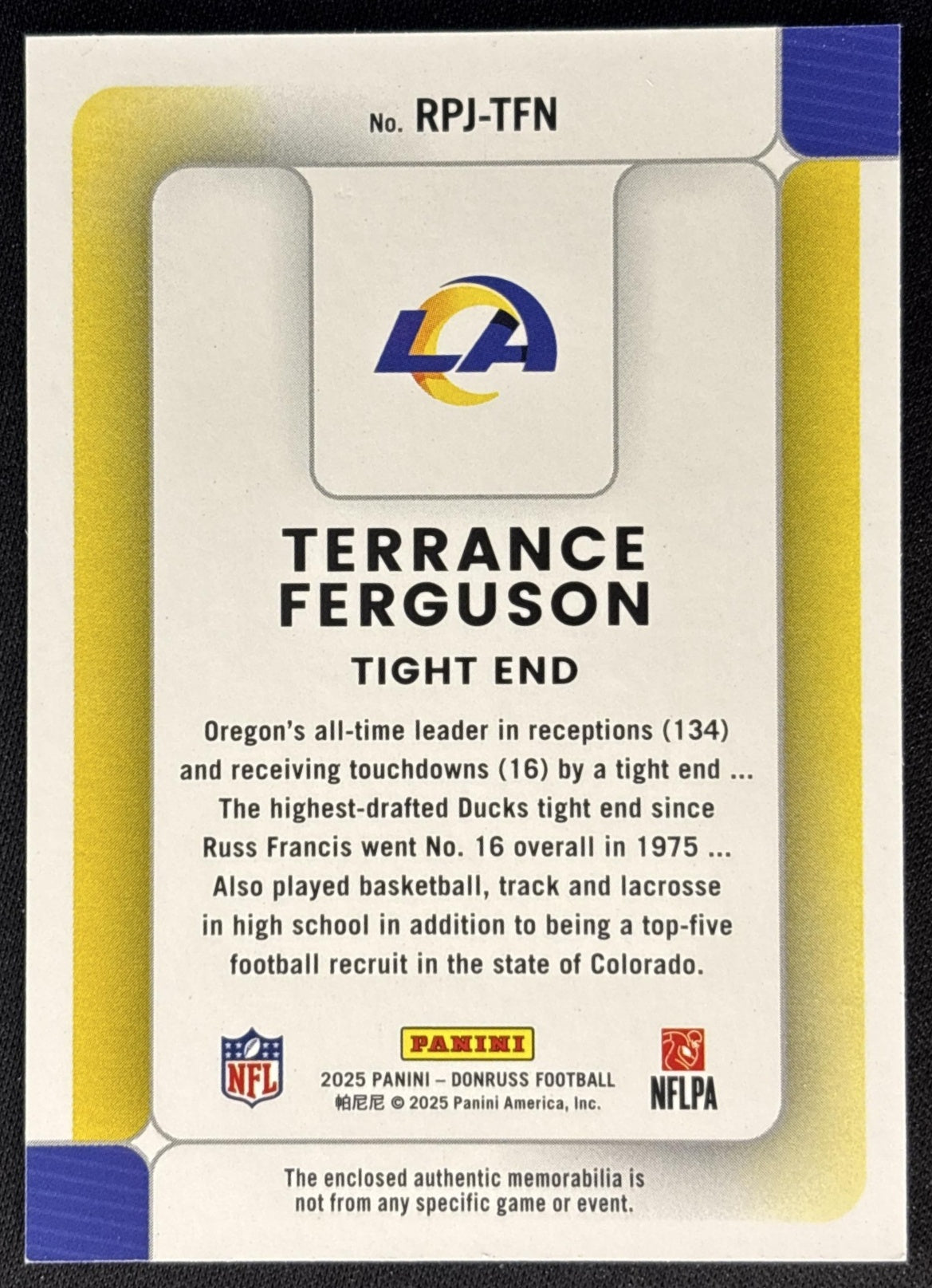 Terrance Ferguson 2025 Panini Donruss Rookie Phenom Jerseys Rams back